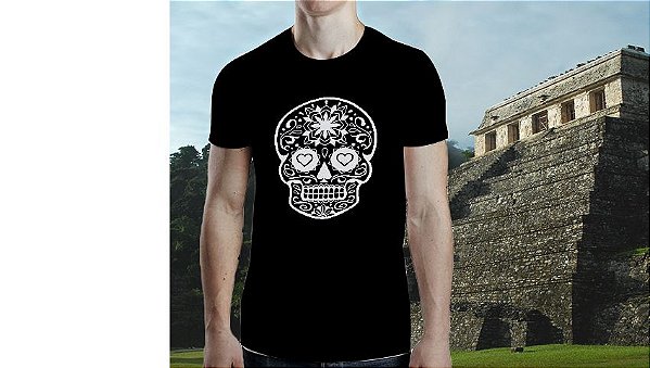 Camiseta Algodão Manga Curta Preta Estampa Caveira Branca