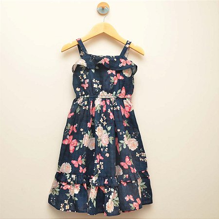 Vestido decote com babado - estampa flores e borboleta
