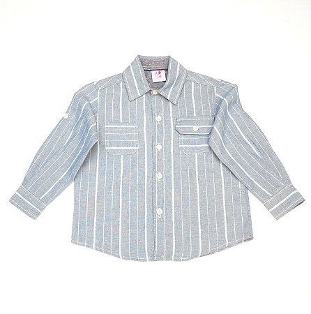 Camisa manga longa listrado azul e off-white - 2 bolsos
