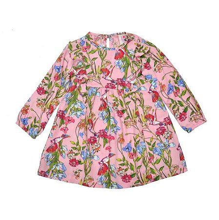 Vestido estampado flores e pássaros