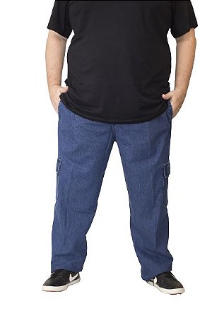 Calça Cargo e Plus Size com Cintura de até (175 cm )de Jeans Grosso e Cós de Elástico Ref 818