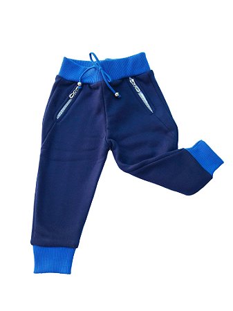 Calça Bebê Moletom Menino Azul com Punho