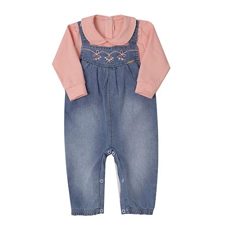 Macacão Bebê Menina Denim Jeans Rosa Pessego Paraíso