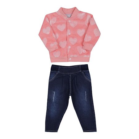 Conjunto Beb Menina com Jaqueta Rosa Coral e Cal a Jeans Para so
