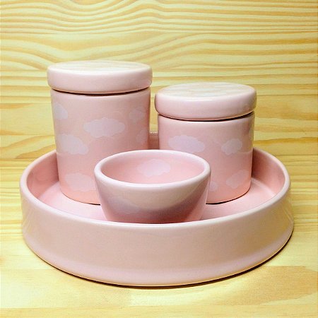 kIT HIGIENE 3 PEÇAS NUVEM POTE ROSA COM BANDEJA ROSA