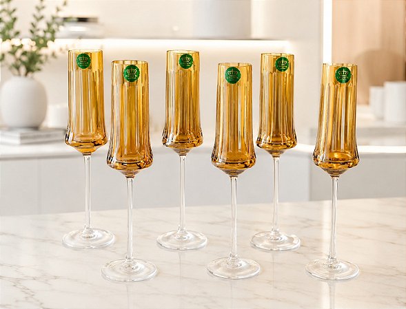 JOGO TAÇAS CHAMPAGNE CRISTAL IMPERATTORE BY STRAUSS - COR AMARELO- CX 6 PÇS