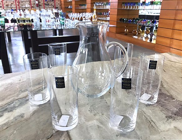 JARRA EM VIDRO L' HERMITAGE  + 6 COPOS LONG DRINK  - CX 7 PÇS