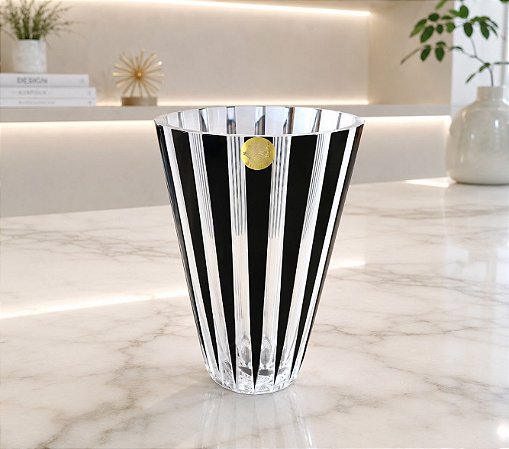VASO CRISTAL STRAUSS LAPIDADO - COR BLACK AND WHITE 21 CM