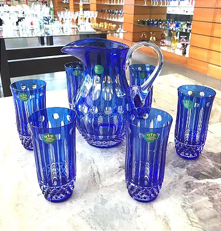 JARRA + 6 COPOS LONG DRINK CRISTAL IMPERATTORE BY STRAUSS - COR AZUL - CX 7 PÇS