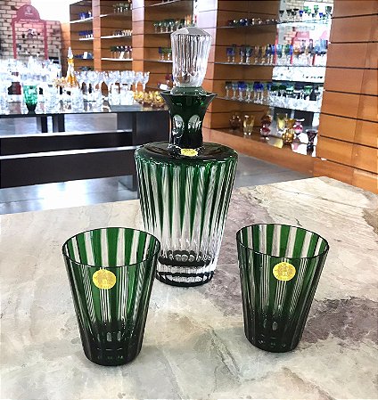 GARRAFA + 2 COPOS WHISKY CRISTAL STRAUSS - COR VERDE - CX 3 PÇ