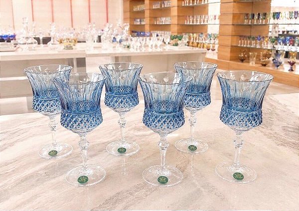JOGO TAÇAS VINHO BRANCO CRISTAL IMPERATTORE BY STRAUSS - COR AZUL CLARO - CX 6 PCS