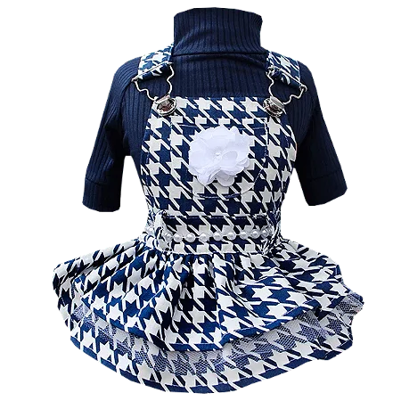 Vestido Jardineira Pied de Poule para pet com Blusinha Canelada