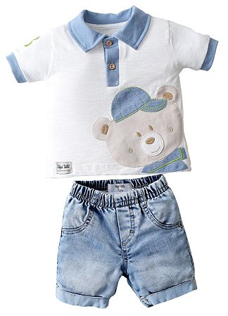 Conjunto Camisa Polo com Bermuda Jeans Ursão - Upi Uli