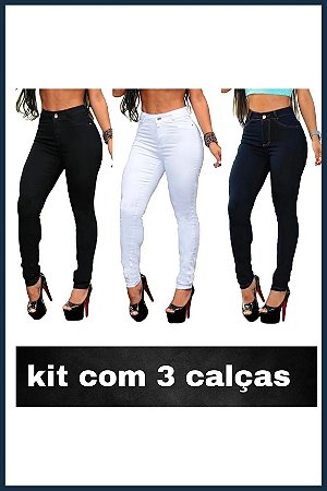 Kit Com 3 Calças Jeans Femininas Com Lycra Cintura Alta