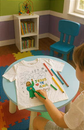 Kit Camiseta Infantil para Colorir e Ler – “Jesus Te Ama”
