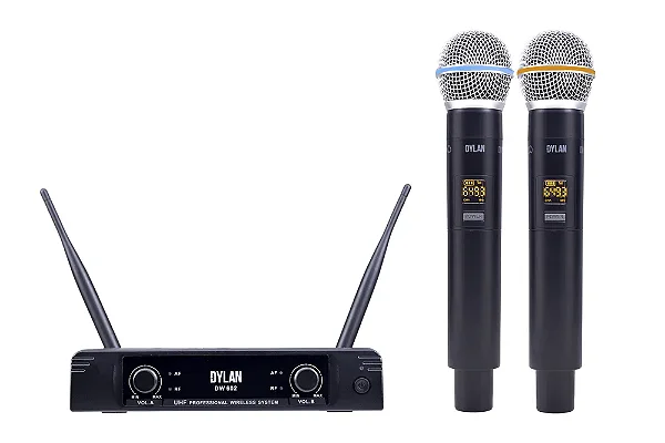 Microfone sem fio duplo mão UHF DYLAN DW-602 MAX Multi-frequência