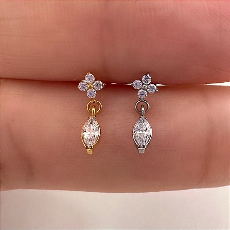 LABRET TITÂNIO 4 PÉTALAS PINGENTE OVAL ZIRCÔNIA