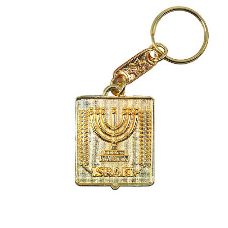 Chaveiro Menorah Israel Dourado em Metal com Escrita em Hebraico