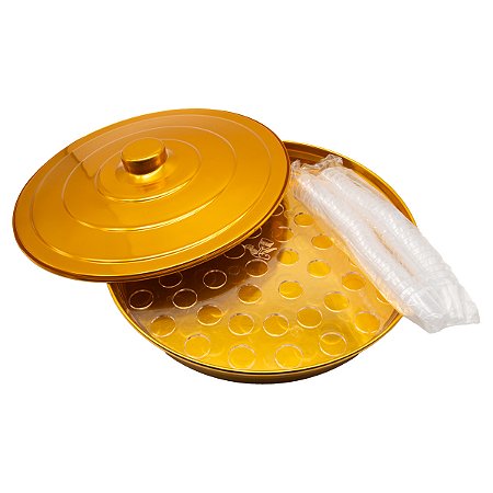 Bandeja Dourada para Santa Ceia com 56 Cálices Individuais – Kit Completo com Tampa