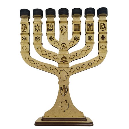 Candelabro Menorá em MDF com Símbolos das 12 Tribos de Israel