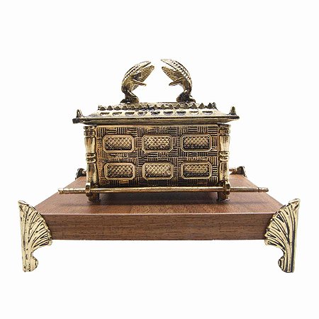 Arca da Aliança em Metal com Base de Madeira – Miniatura Decorativa
