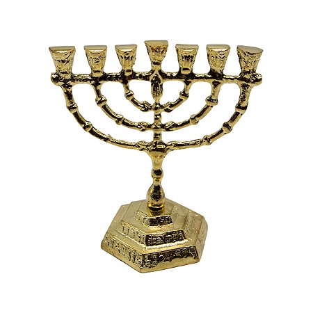 Menorá de Metal Dourado Decorativa com Jerusalém – 7 Braços