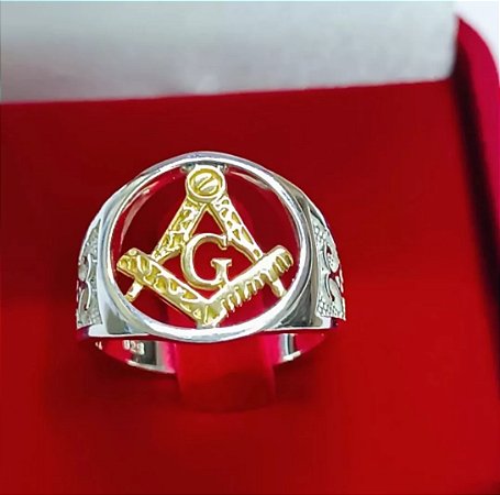 Anel Maçonaria Prata com Esquadro e Compasso em Ouro
