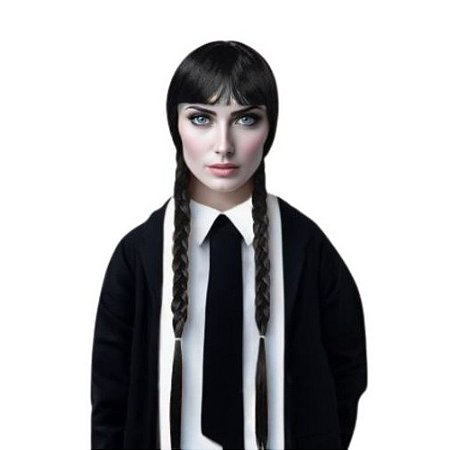 Peruca Wandinha Franja e Tranças Halloween