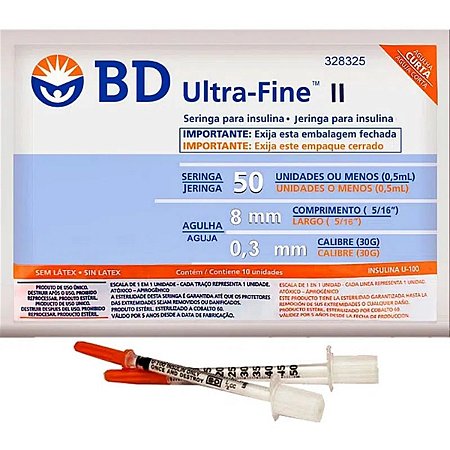 Seringa Para Insulina BD Ultra Fine 50UI com agulha 8x0,3mm 30G - 10  Unidades - GabMedic Produtos Médicos e Hospitalares
