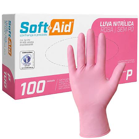 Luva Nitrílica Rosa P Descartável Sem Pó Soft Aid Caixa C/100 Unidades