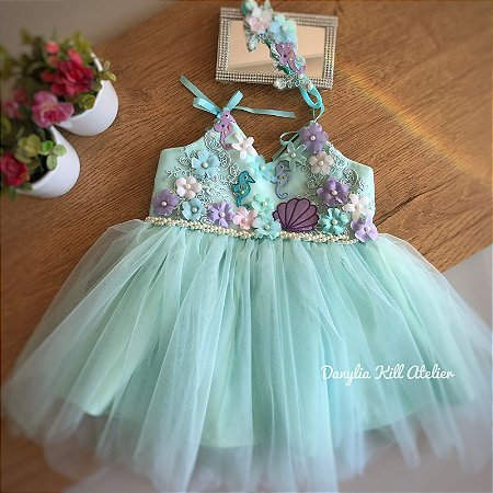 Roupa infantil de aniversário de sereia, vestido sereia tutu com