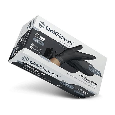Luva de Látex UniGloves Clássico Black Premium Com Pó - 100 Unidades