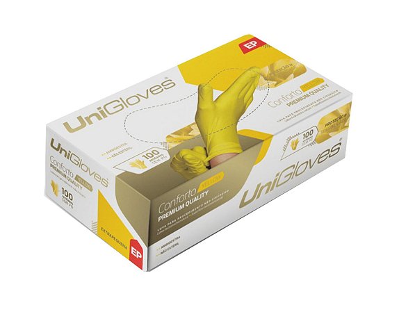 Luva de Látex UniGloves Conforto Amarela Sem Pó - 100 Unidades