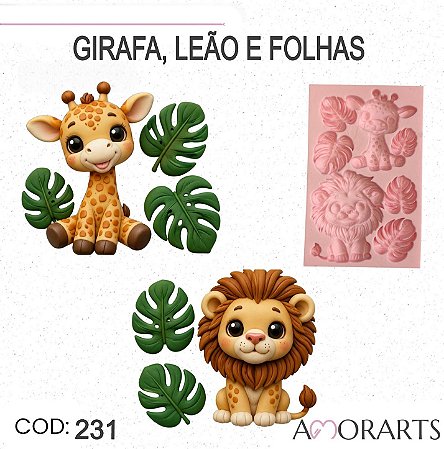 Molde de silicone Girafa,Leão e Folhas -- CÓD 231