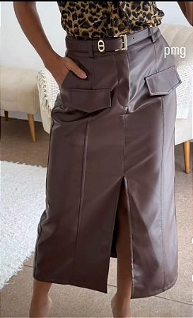 Saia Midi em Couro Sintético – Marrom