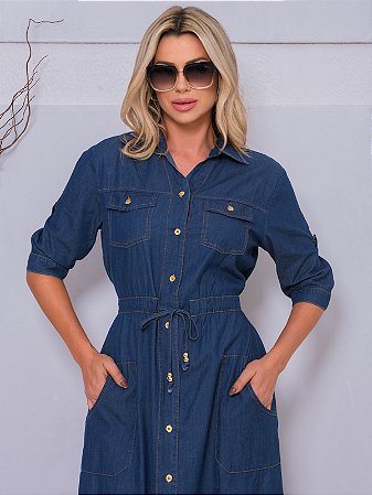 Vestido Jeans com Abotoamento na Frente