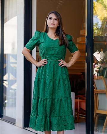 Vestido Midi em Lese de Algodão