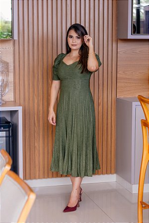 Vestido em Lese com Elastano e Saia Plissada