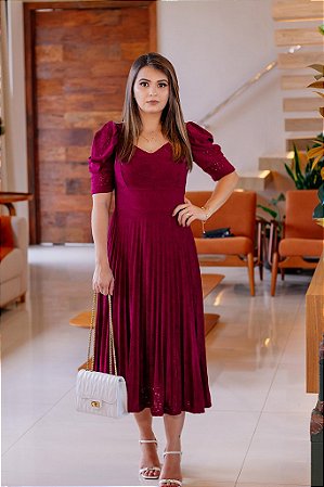 Vestido em Lese com Elastano e Saia Plissada