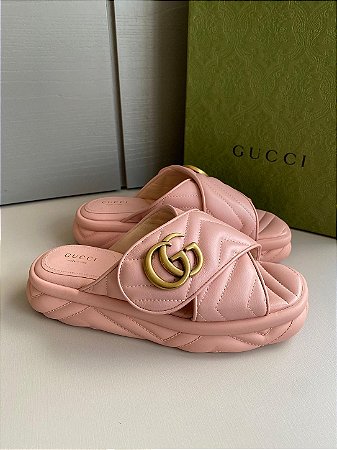 Sandália Plataforma Gucci GG Marmont Couro Rosa