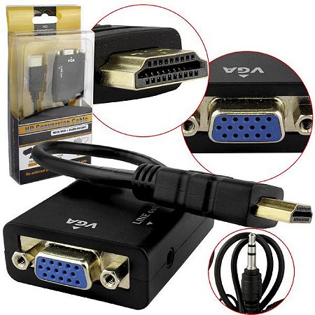 Adaptador HDMI para VGA com Saida P2 Audio compativel com PC, Notebook, Videogames e Diversos