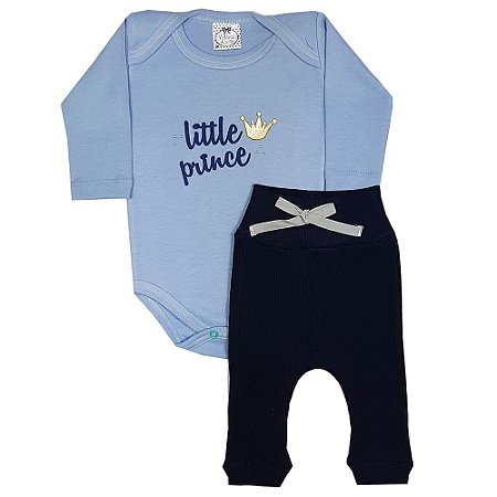 Conjunto Bebê Body Little Prince Azul + Calça De Ribana