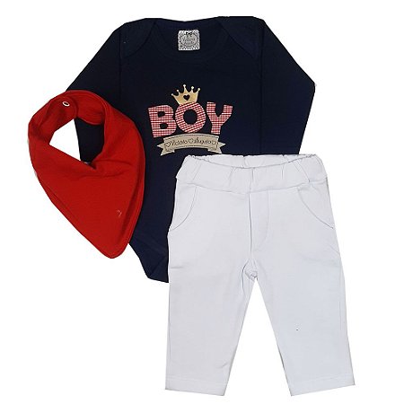 Conjunto Bebê Body Azul Marinho Boy + Calça Branca + Bandana Vermelha
