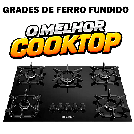 Cooktop Mueller 5 Bocas Ultra Chama Iron com Grades de Ferro Fundido e Acendimento Superautomático