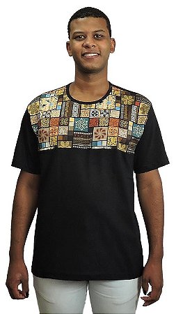 Camiseta Masculina Algodão África Geométrico Preta