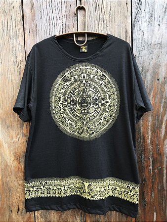 Camiseta Indiana Masculina Mandala Asteca Preta