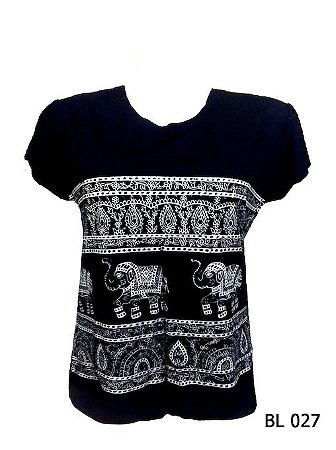 Camiseta Indiana Feminina Elefantes Preta