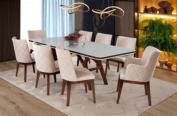 Conjunto de Jantar Frida 2,20m + 6 Cadeiras Clermont e 2 Poltronas Florata 6800/802/803