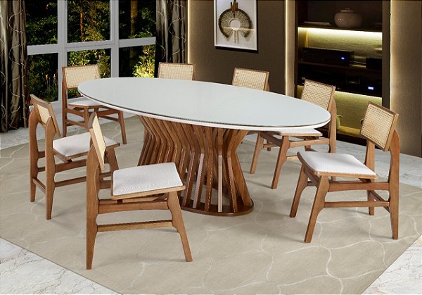 Conjunto de Jantar Mariáh Oval 2,40m + 8 Cadeiras Kalli Com Tela 6671/6675