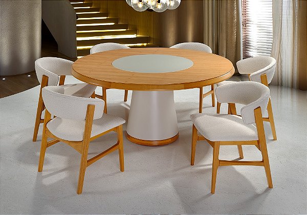 Conjunto de Jantar Stunning Redonda 1,60m C/ Giratório em Vidro + 6 Cadeiras Sinuosa 6951/6611